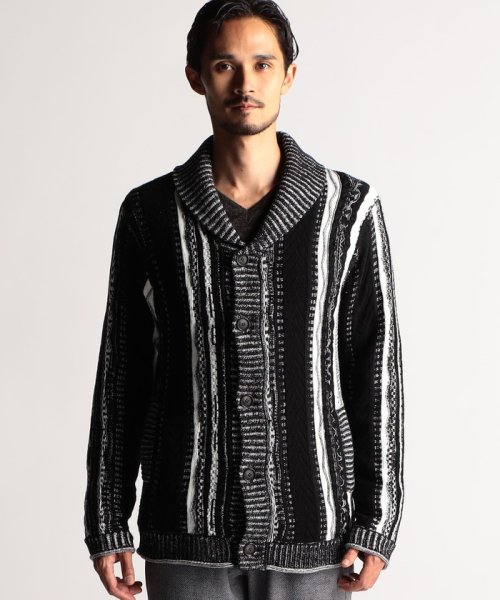 【RIELABO】3Dランダムストライプジャカード ショールカラーカーディガン 