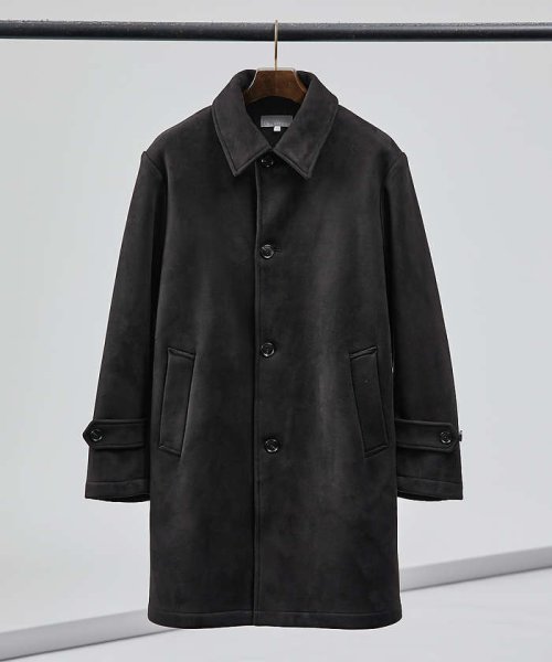 【ネオスエード】裏フリース ステンカラーコート / バルマカーンコート モデル：H180 B93 W76 H94 着用サイズ：48ブラック