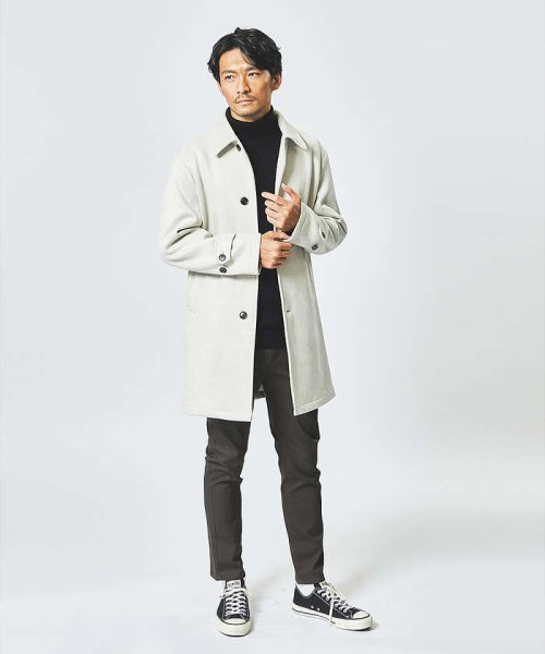 【ネオスエード】裏フリース ステンカラーコート / バルマカーンコート モデル：H180 B93 W76 H94 着用サイズ：48ブラック