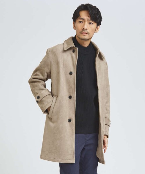 【ネオスエード】裏フリース ステンカラーコート / バルマカーンコート モデル：H180 B93 W76 H94 着用サイズ：48ブラック