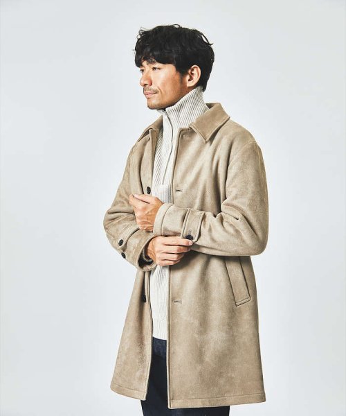 【ネオスエード】裏フリース ステンカラーコート / バルマカーンコート モデル：H180 B93 W76 H94 着用サイズ：48ブラック