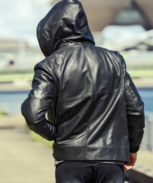 AKM Contemporary(エイケイエムコンテンポラリー)レイヤードレザーフードジャケット 