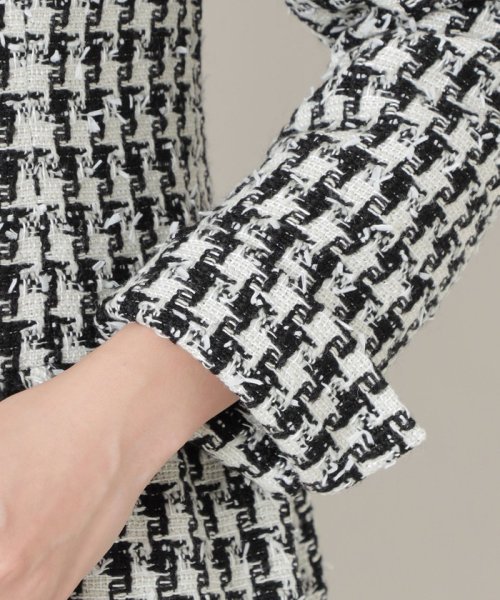 セール】ハウンドトゥースツイードノーカラー ロングジャケット  