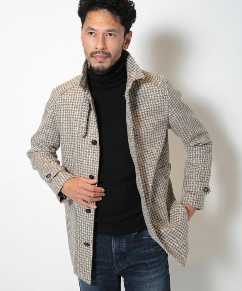 ウールコットンアクリル千鳥格子スタンドカラーコート  Q2134801480(16225円)