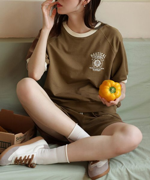 aimoha(aimoha（アイモハ）)/ロゴ刺繍カットソーTシャツ＋ショートパンツ　セットアップ/img01