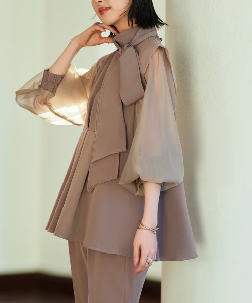 オーガンジースリーブタックフレアトップス＆シークレットゴム・スリムテーパードパンツ（ボウタイ付き）(PA1322) スリムテーパードパンツ ボウタイ付き PA1322 トップス パンツ オーガンジースリーブタックフレアトップス＆シークレットゴム Sleeve Tuck Flare Pants tapered 7号 9号 11号 13号 15号 17号 19号 95％　ポリウレタン