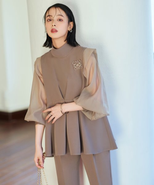 オーガンジースリーブタックフレアトップス＆シークレットゴム・スリムテーパードパンツ（ボウタイ付き）(PA1322) スリムテーパードパンツ ボウタイ付き PA1322 トップス パンツ オーガンジースリーブタックフレアトップス＆シークレットゴム Sleeve Tuck Flare Pants tapered 7号 9号 11号 13号 15号 17号 19号 95％　ポリウレタン