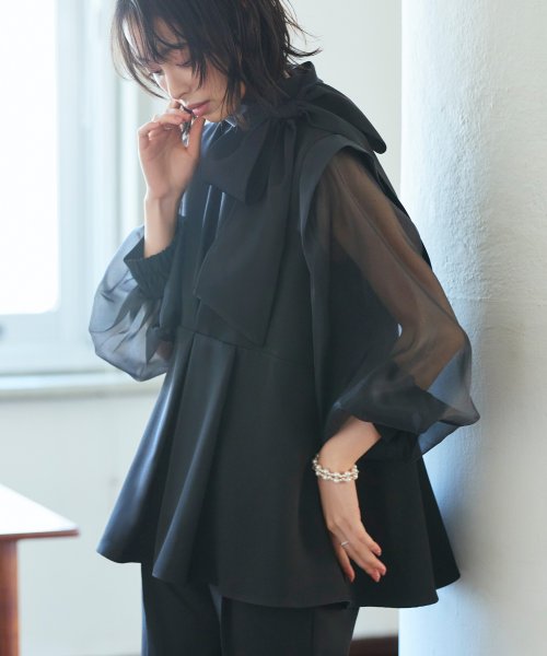 オーガンジースリーブタックフレアトップス＆シークレットゴム・スリムテーパードパンツ（ボウタイ付き）(PA1322) スリムテーパードパンツ ボウタイ付き PA1322 トップス パンツ オーガンジースリーブタックフレアトップス＆シークレットゴム Sleeve Tuck Flare Pants tapered 7号 9号 11号 13号 15号 17号 19号 95％　ポリウレタン