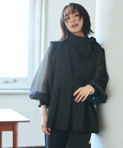 オーガンジースリーブタックフレアトップス＆シークレットゴム・スリムテーパードパンツ（ボウタイ付き）(PA1322) スリムテーパードパンツ ボウタイ付き PA1322 トップス パンツ オーガンジースリーブタックフレアトップス＆シークレットゴム Sleeve Tuck Flare Pants tapered 7号 9号 11号 13号 15号 17号 19号 95％　ポリウレタン