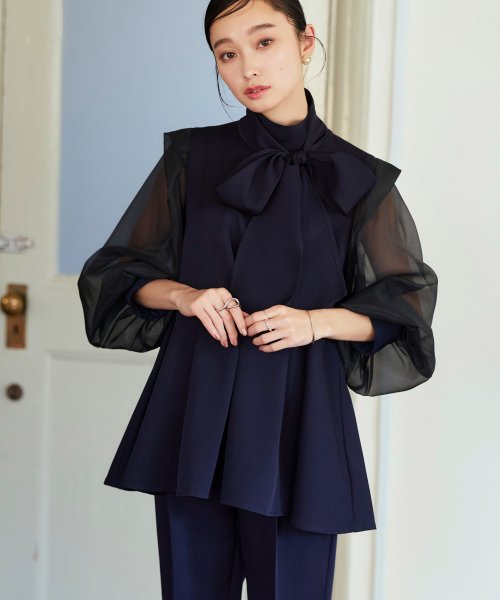 オーガンジースリーブタックフレアトップス＆シークレットゴム・スリムテーパードパンツ（ボウタイ付き）(PA1322) スリムテーパードパンツ ボウタイ付き PA1322 トップス パンツ オーガンジースリーブタックフレアトップス＆シークレットゴム Sleeve Tuck Flare Pants tapered 7号 9号 11号 13号 15号 17号 19号 95％　ポリウレタン