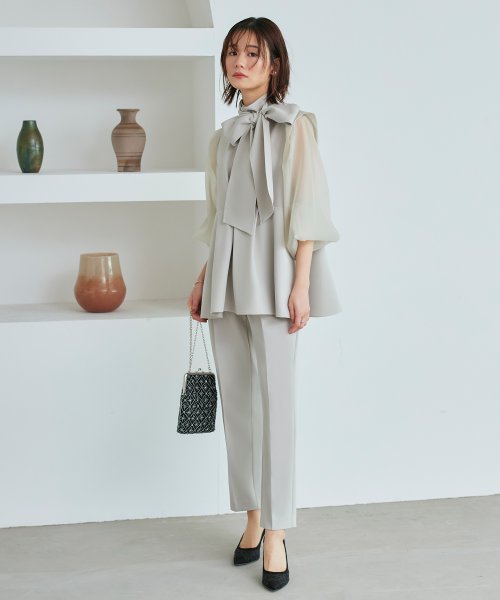 オーガンジースリーブタックフレアトップス＆シークレットゴム・スリムテーパードパンツ（ボウタイ付き）(PA1322) スリムテーパードパンツ ボウタイ付き PA1322 トップス パンツ オーガンジースリーブタックフレアトップス＆シークレットゴム Sleeve Tuck Flare Pants tapered 7号 9号 11号 13号 15号 17号 19号 95％　ポリウレタン