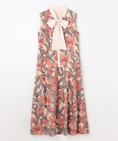 フラワー刺繍ミディドレス 