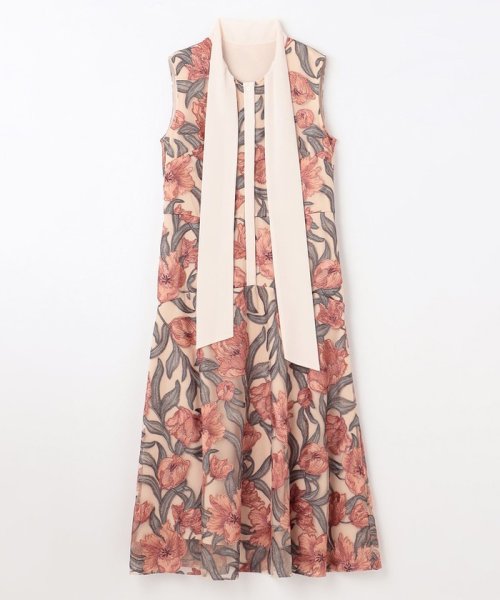 フラワー刺繍ミディドレス 