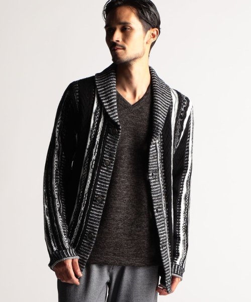 【RIELABO】3Dランダムストライプジャカード ショールカラーカーディガン 