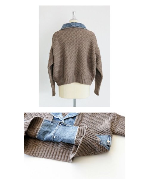 アウター レディース ブラウン ブルー 秋 冬 長袖 ニット デニム 個性派 切り替え 異素材 おしゃれ カジュアル デニムとニットの異素材ブルゾン 11 