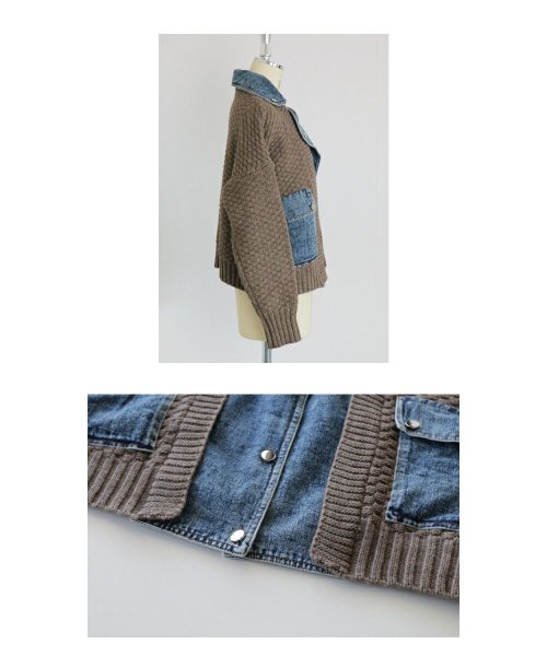 アウター レディース ブラウン ブルー 秋 冬 長袖 ニット デニム 個性派 切り替え 異素材 おしゃれ カジュアル デニムとニットの異素材ブルゾン 11 
