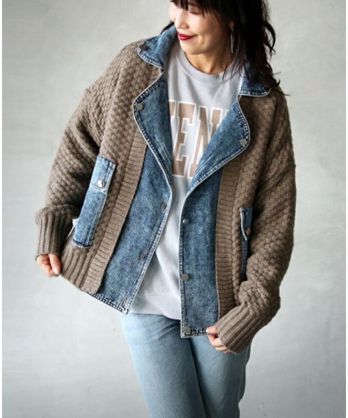 アウター レディース ブラウン ブルー 秋 冬 長袖 ニット デニム 個性派 切り替え 異素材 おしゃれ カジュアル デニムとニットの異素材ブルゾン 11 