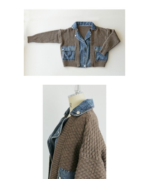 アウター レディース ブラウン ブルー 秋 冬 長袖 ニット デニム 個性派 切り替え 異素材 おしゃれ カジュアル デニムとニットの異素材ブルゾン 11 
