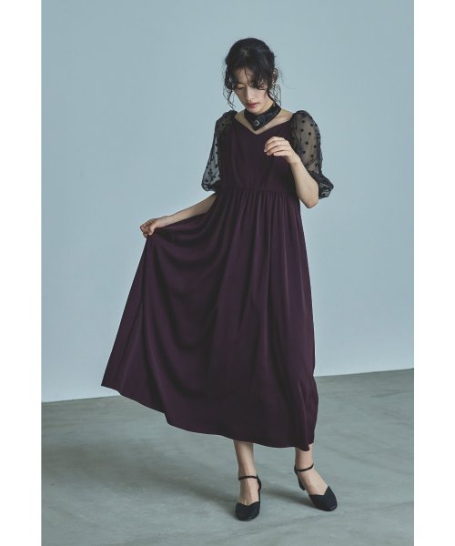 niana ニアナ パーティードレス 結婚式 ワンピース ドット シアー チョーカー付き Vネック バルーンスリーブ ボリューム袖 お呼ばれ パーティー 二次会 ニアナ お呼ばれ パーティー