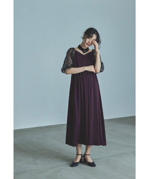 niana ニアナ パーティードレス 結婚式 ワンピース ドット シアー チョーカー付き Vネック バルーンスリーブ ボリューム袖 お呼ばれ パーティー 二次会 ニアナ お呼ばれ パーティー