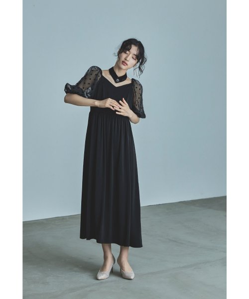 niana ニアナ パーティードレス 結婚式 ワンピース ドット シアー チョーカー付き Vネック バルーンスリーブ ボリューム袖 お呼ばれ パーティー 二次会 ニアナ お呼ばれ パーティー