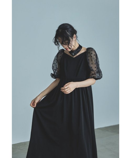 niana ニアナ パーティードレス 結婚式 ワンピース ドット シアー チョーカー付き Vネック バルーンスリーブ ボリューム袖 お呼ばれ パーティー 二次会 ニアナ お呼ばれ パーティー