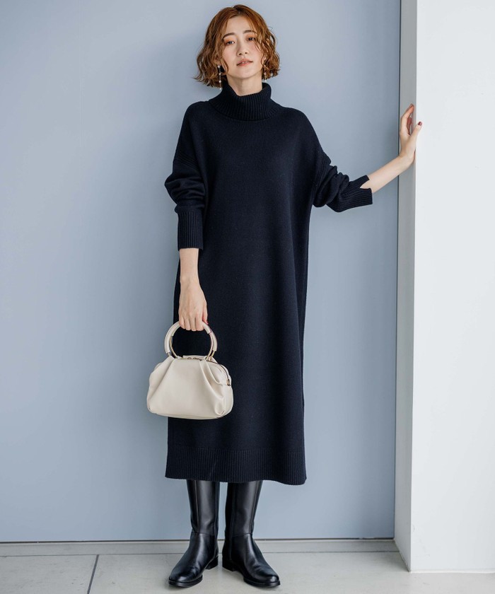 ケーブルニットウール＆カシミヤ混タートルネックワンピース ウール混タートルネックニットワンピース | レディース