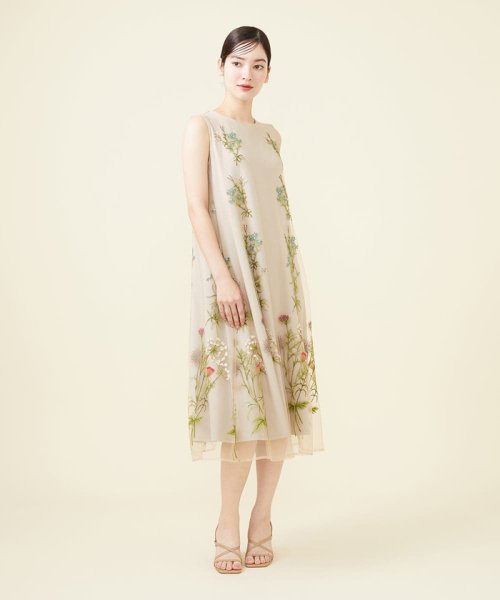 フラワー刺繍チュールノースリーブドレス 