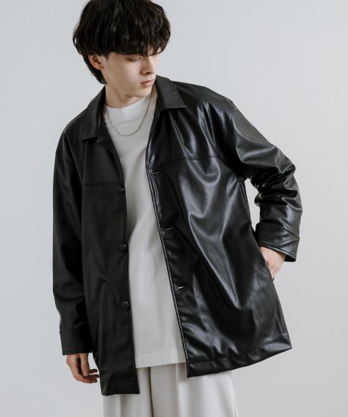 レザージャケット カーコート フェイクレザー メンズ アウター 革ジャン カバーオール オーバーサイズ ビッグシルエット ワイド ルーズ アメカジ カジュアル Upscape 着丈 肩幅 約56cm 身幅 袖丈 メンズ アメカジ Audience/アップスケープオーディエンス Audience 約57cm