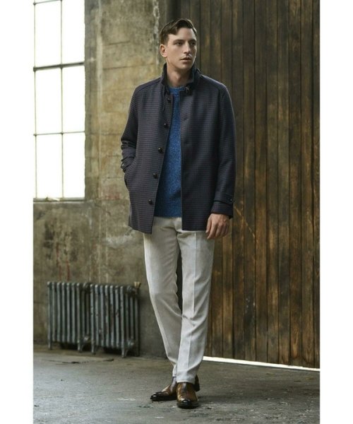 ウールコットンアクリル千鳥格子スタンドカラーコート  Q2134801480(16225円)