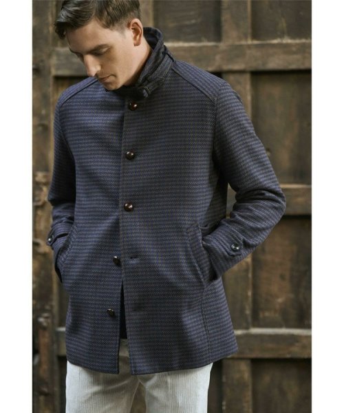 ウールコットンアクリル千鳥格子スタンドカラーコート  Q2134801480(16225円)