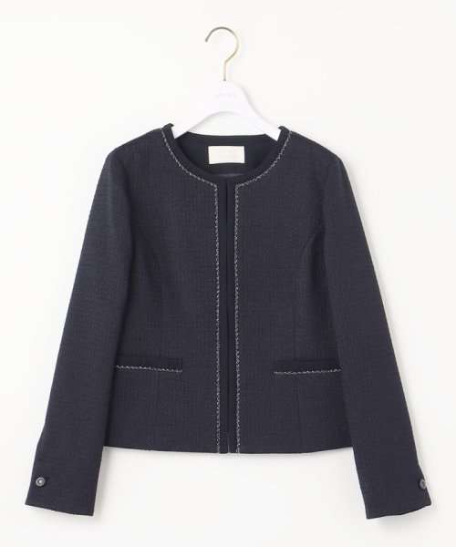 リップルボーダーストレッチ ノーカラージャケット  Y1421304615(10850円)