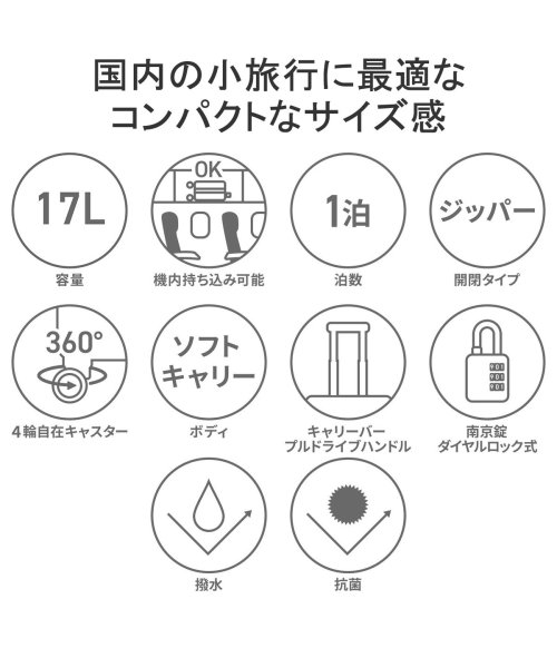 ace.TOKYO(エーストーキョー)/エーストーキョー スーツケース 機内持ち込み ace.TOKYO 軽量 17L 1泊2日 抗菌 撥水 4輪 SS エース TSロック メリディオナ2 35021/img02