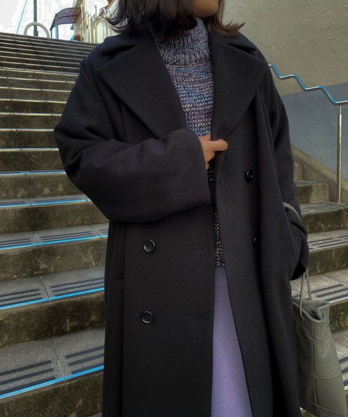 【Audrey and John Wad】ビッグカラーロングチェスターコート 着用サイズ：M　着用カラー：ブラック