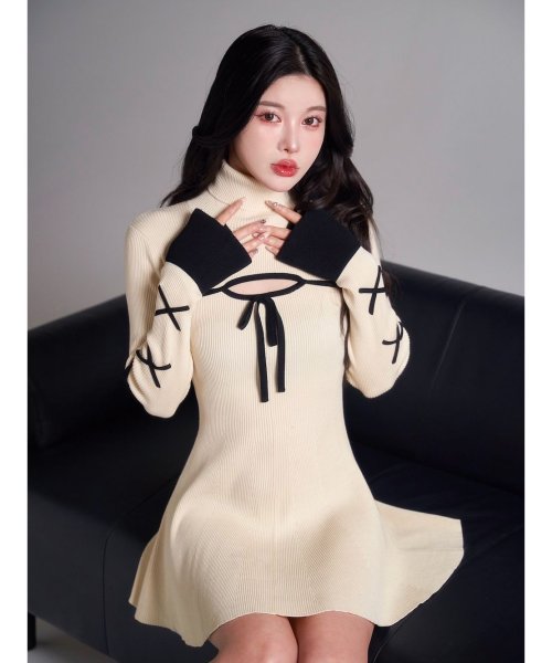 バイカラーリボンデザインニットミニワンピース(505813472) | Darich 