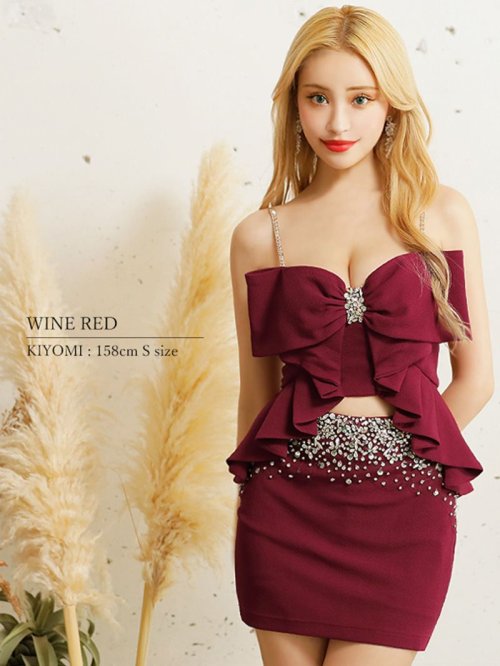 Rew-You(リューユ)/セットアップ キャバ ドレス リボン クリスマス ビジュー 谷間 高級ドレス ブランドドレス XS 小さいサイズ 赤 緑 AngelR エンジェルアール/img10