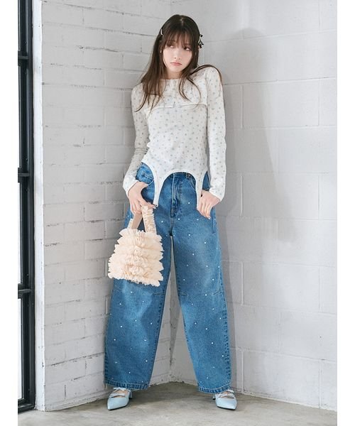 【WEB限定00サイズあり】[L.B CANDY STOCK]ハートビジューワイドデニムパンツ 予めご了承ください