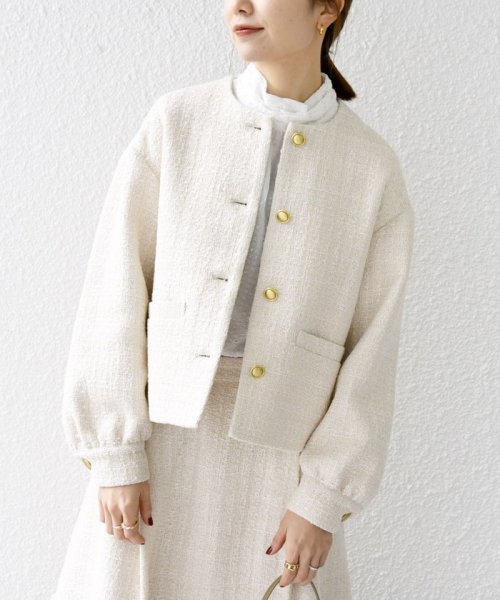 SHIPS any: ツイード パフスリーブ ショート ジャケット［NAVY BLUE］ ノーカラージャケット H1439140760(11011円)