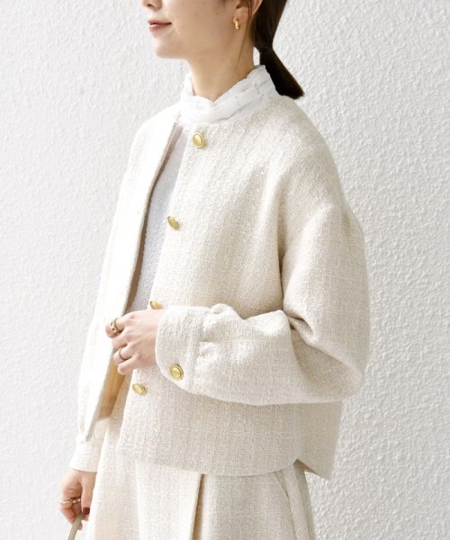 SHIPS any: ツイード パフスリーブ ショート ジャケット［NAVY BLUE］ ノーカラージャケット H1439140760(11011円)