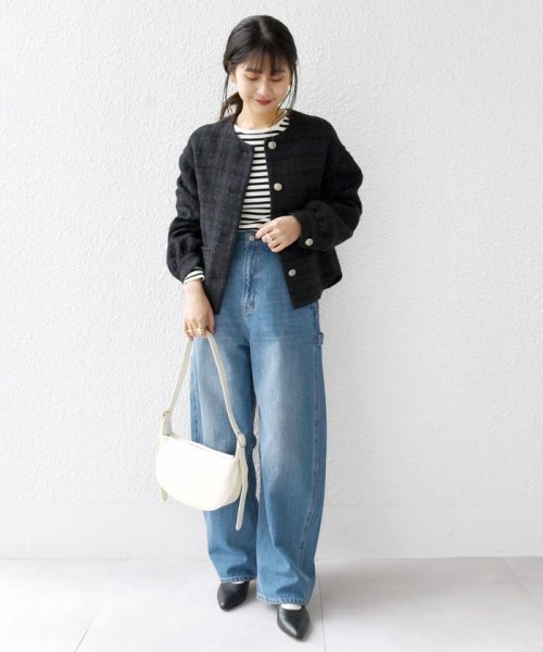 SHIPS any: ツイード パフスリーブ ショート ジャケット［NAVY BLUE］ ノーカラージャケット H1439140760(11011円)