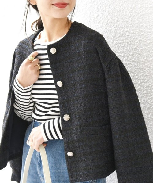 SHIPS any: ツイード パフスリーブ ショート ジャケット［NAVY BLUE］ ノーカラージャケット H1439140760(11011円)