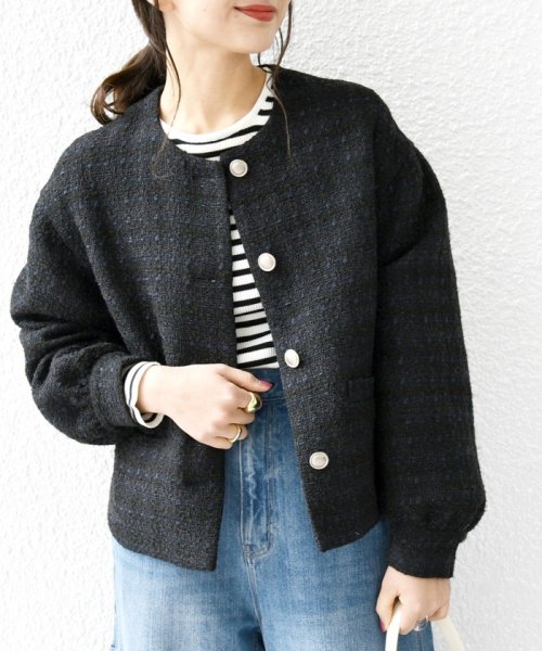 SHIPS any: ツイード パフスリーブ ショート ジャケット［NAVY BLUE］ ノーカラージャケット H1439140760(11011円)