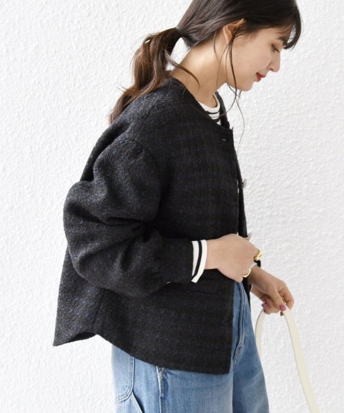 SHIPS any: ツイード パフスリーブ ショート ジャケット［NAVY BLUE］ ノーカラージャケット H1439140760(11011円)