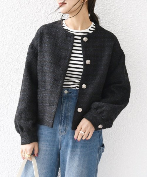 SHIPS any: ツイード パフスリーブ ショート ジャケット［NAVY BLUE］ ノーカラージャケット H1439140760(11011円)