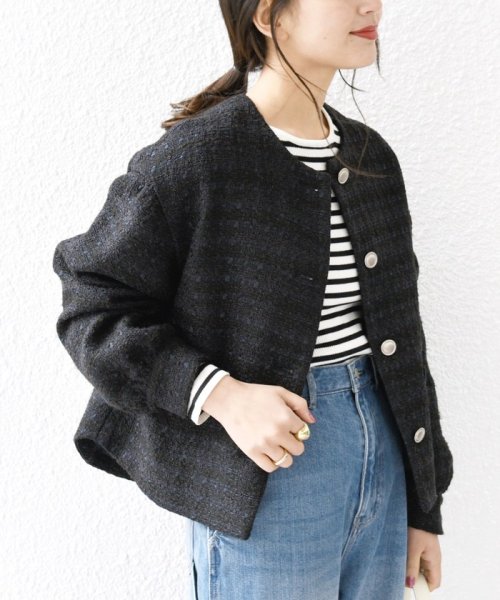 SHIPS any: ツイード パフスリーブ ショート ジャケット［NAVY BLUE］ ノーカラージャケット H1439140760(11011円)