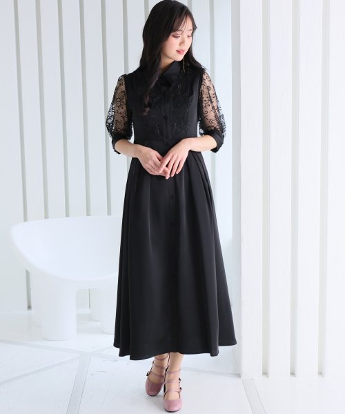 シャツ襟刺繍Aラインドレス 二次会 食事会 セレモニー 発表会