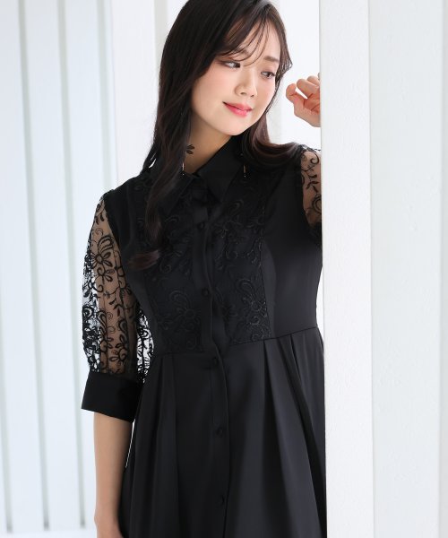 シャツ襟刺繍Aラインドレス 二次会 食事会 セレモニー 発表会