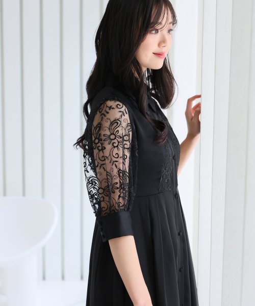 シャツ襟刺繍Aラインドレス 二次会 食事会 セレモニー 発表会