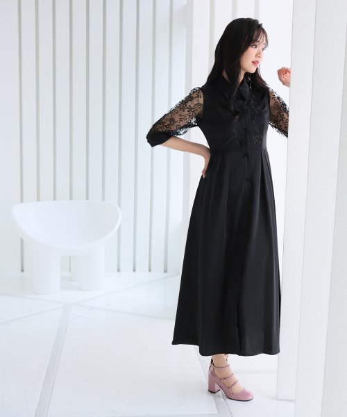 シャツ襟刺繍Aラインドレス 二次会 食事会 セレモニー 発表会