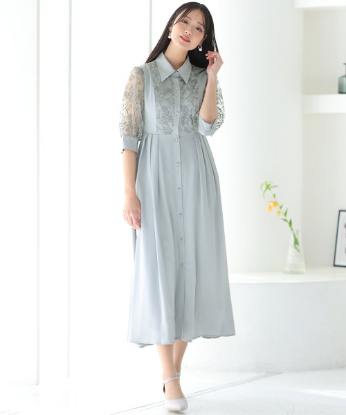 シャツ襟刺繍Aラインドレス 二次会 食事会 セレモニー 発表会